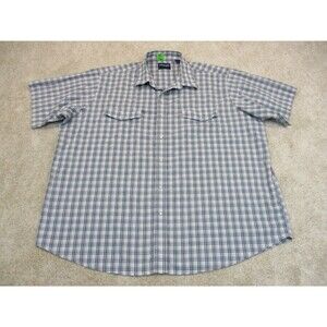 Wrangler Shirt Men 3XB Blue White Plaid Cotton Western Pearl Snap Short Sleeve
